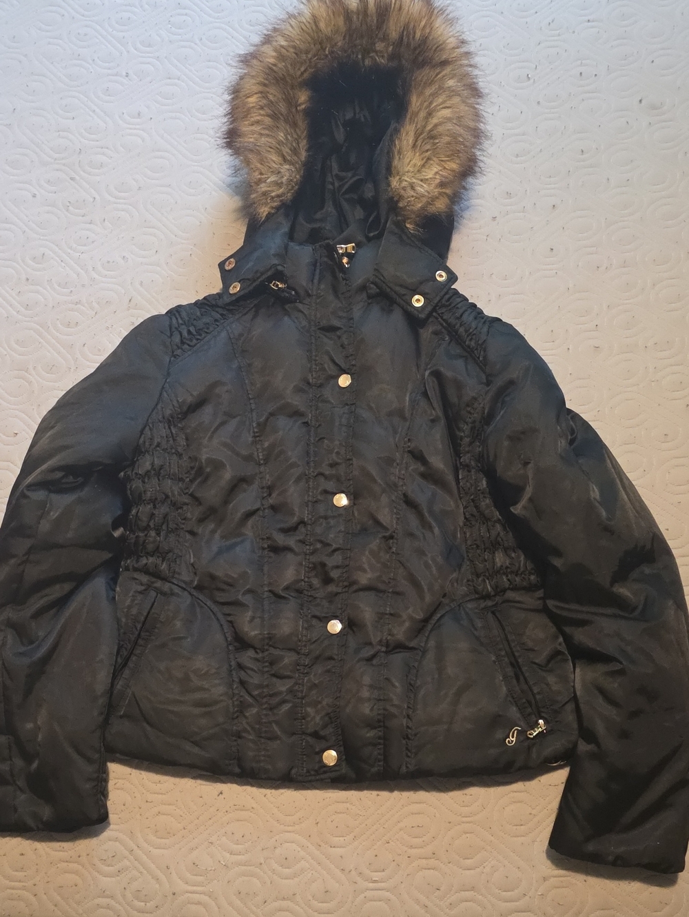Guess Black Puffer Jacket with Faux Fur Hood